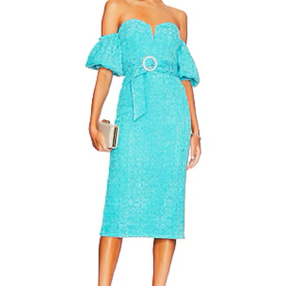 Penelope Off-Shoulder Belted Midi Dress in Tahitian Blue